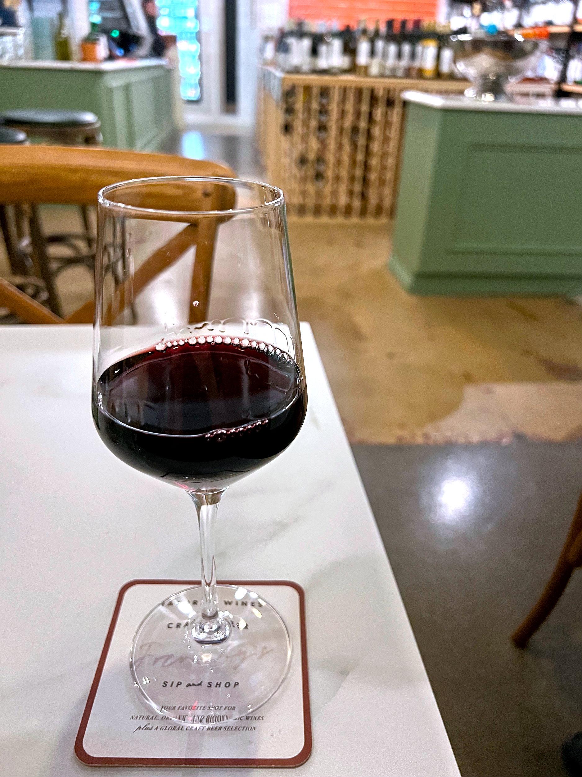 A glass of red wine at Frenchy's Sip and Shop