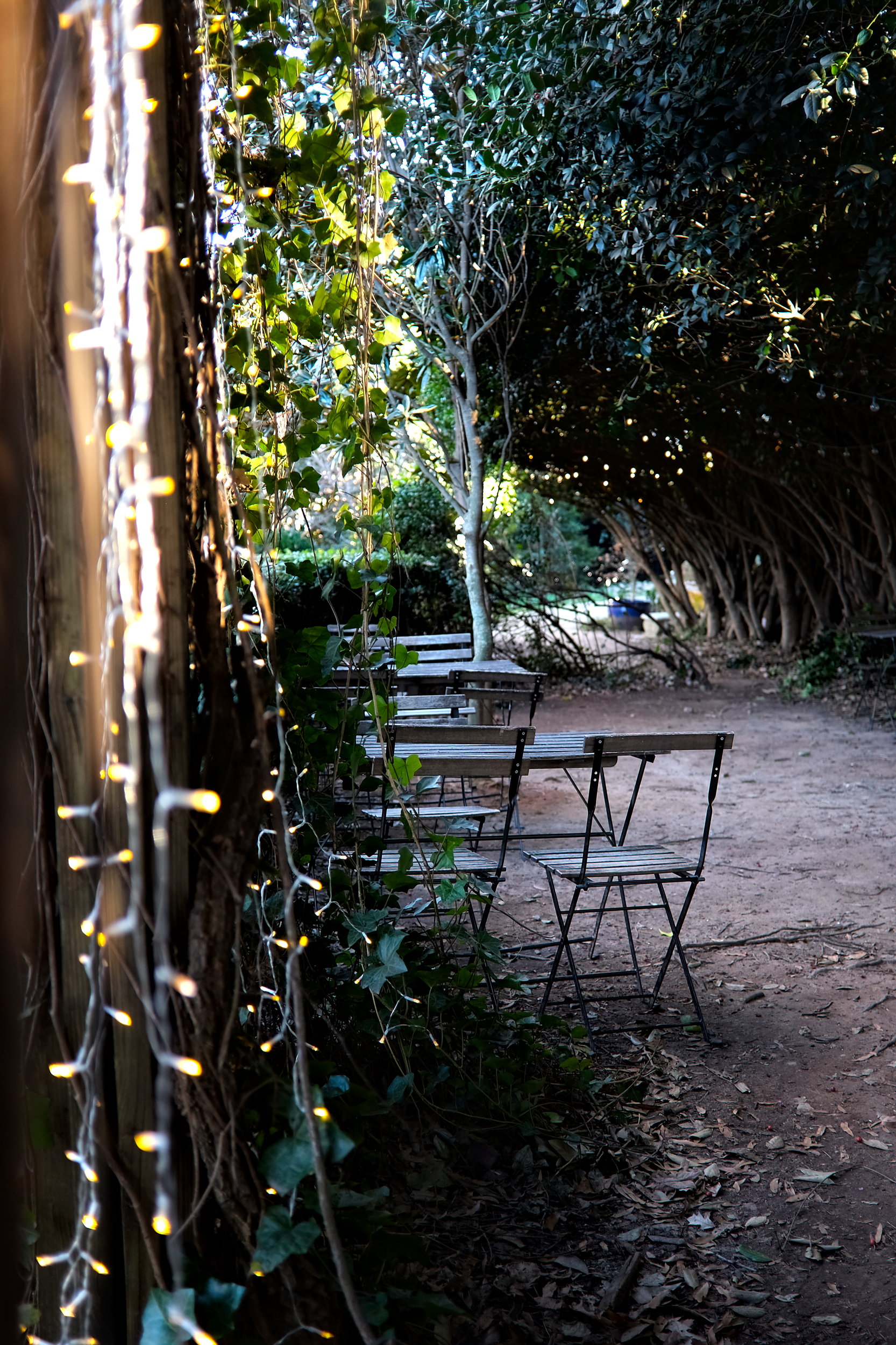 Bistro chairs and tables on a path at Rosie's Coffee & Wine Garden