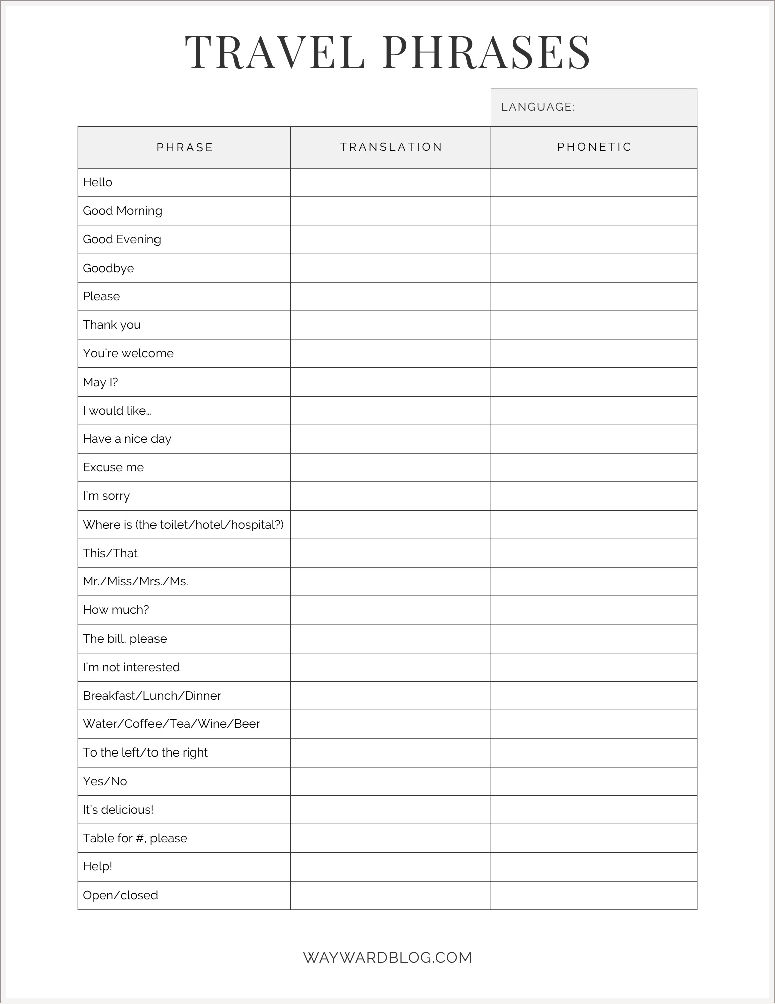 A printout with travel phrases and a place to fill them in